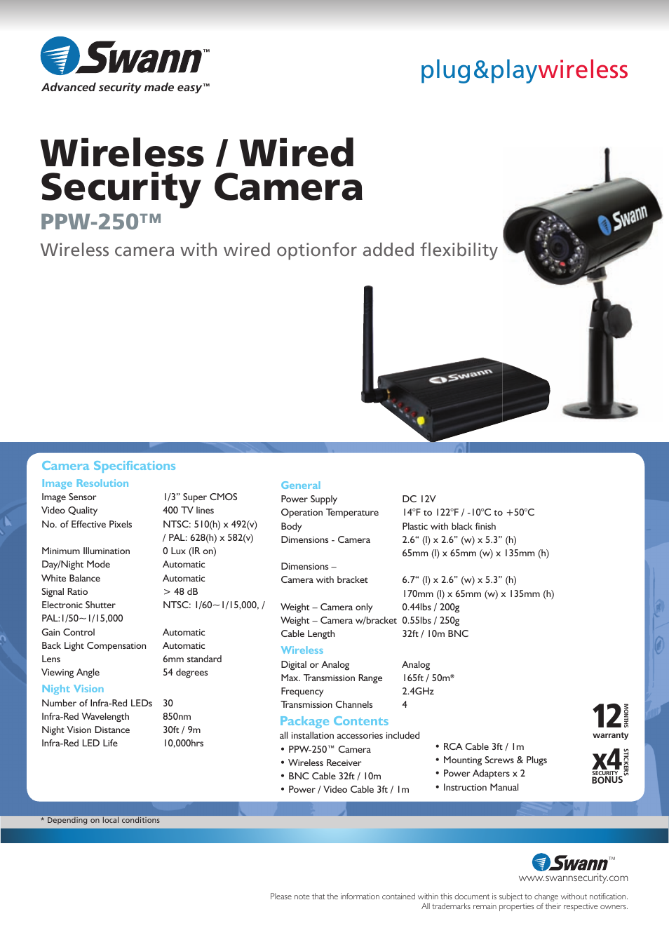 Wireless / wired security camera, Plug&play wireless, Ppw-250 | Swann SW231-WMX User Manual | Page 2 / 2