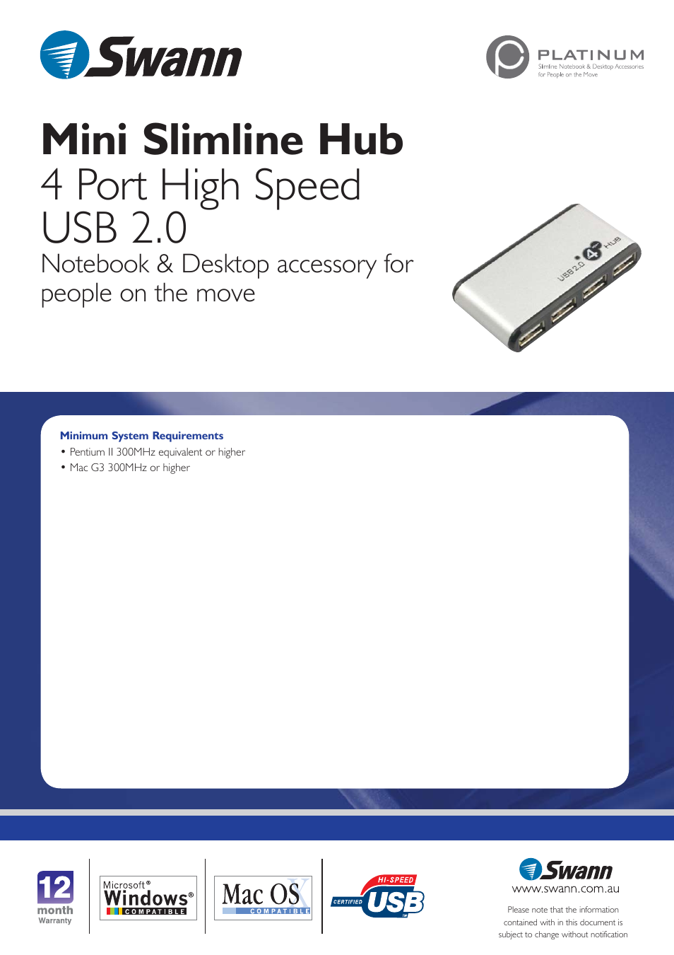 Mini slimline hub 4 port high speed usb 2.0 | Swann MINI SLIMLINE HUB SW120-4MS User Manual | Page 2 / 2