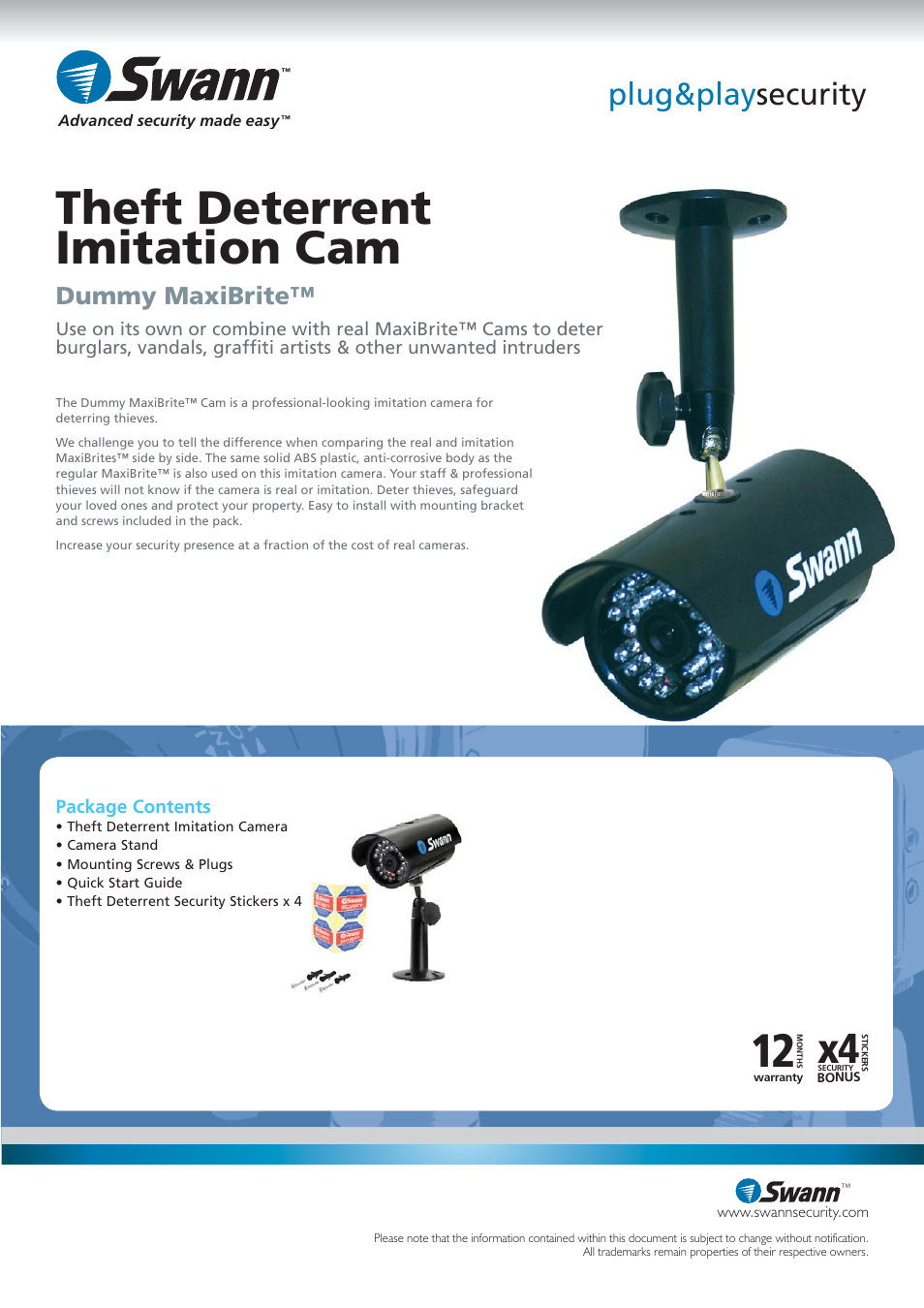 Theft deterrent imitation cam, Plug&play security, Dummy maxibrite | Swann SW215-DMX User Manual | Page 2 / 2