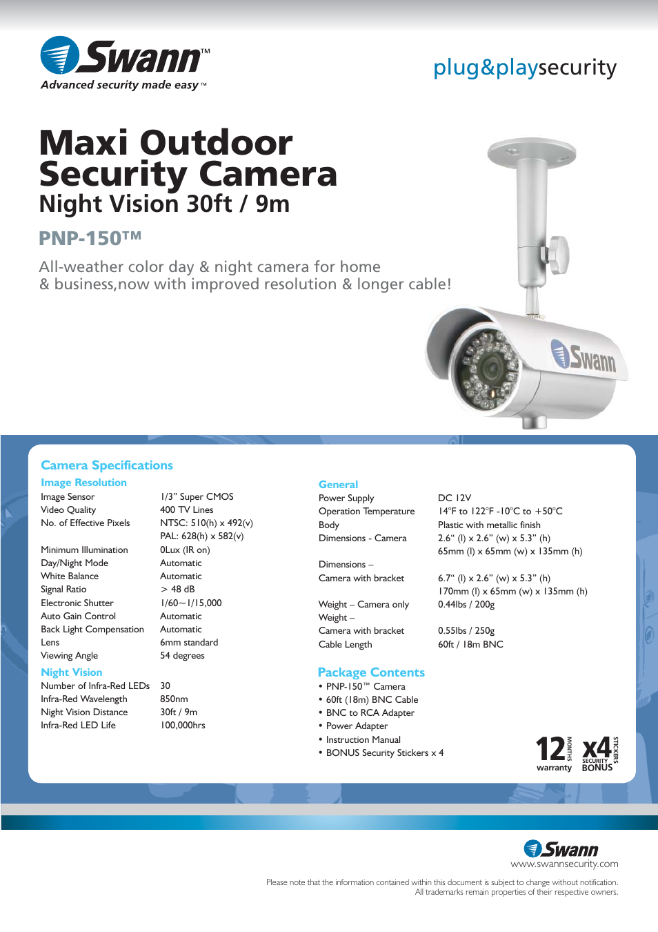 Maxi outdoor security camera, Night vision 30ft / 9m, Plug&play security | Pnp-150 | Swann PNP-150 SW212-HXB User Manual | Page 2 / 2