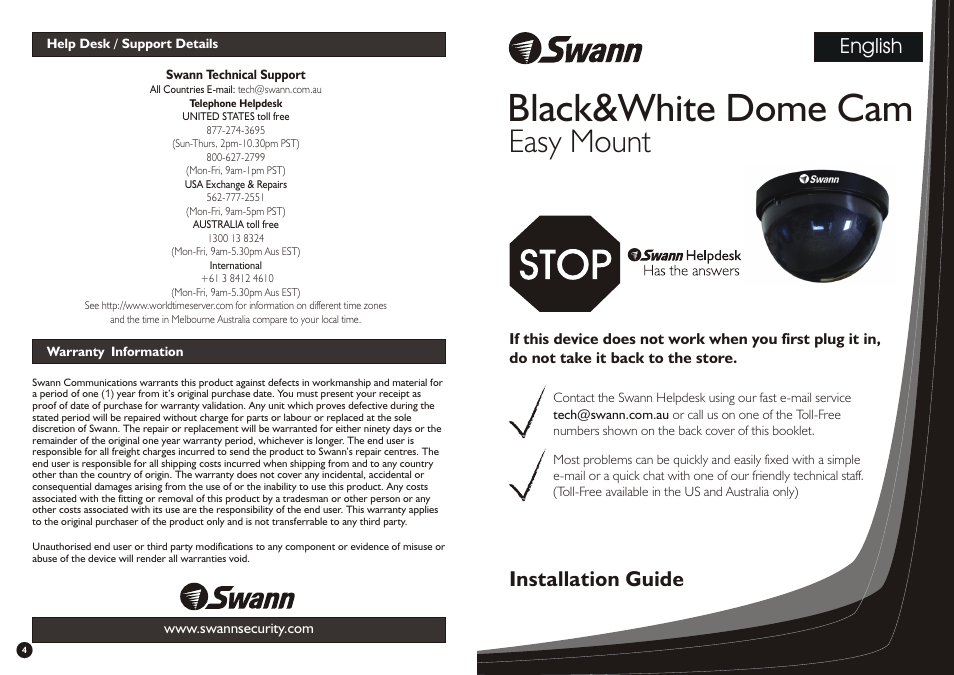 Swann Black & White Dome Cam User Manual | 2 pages