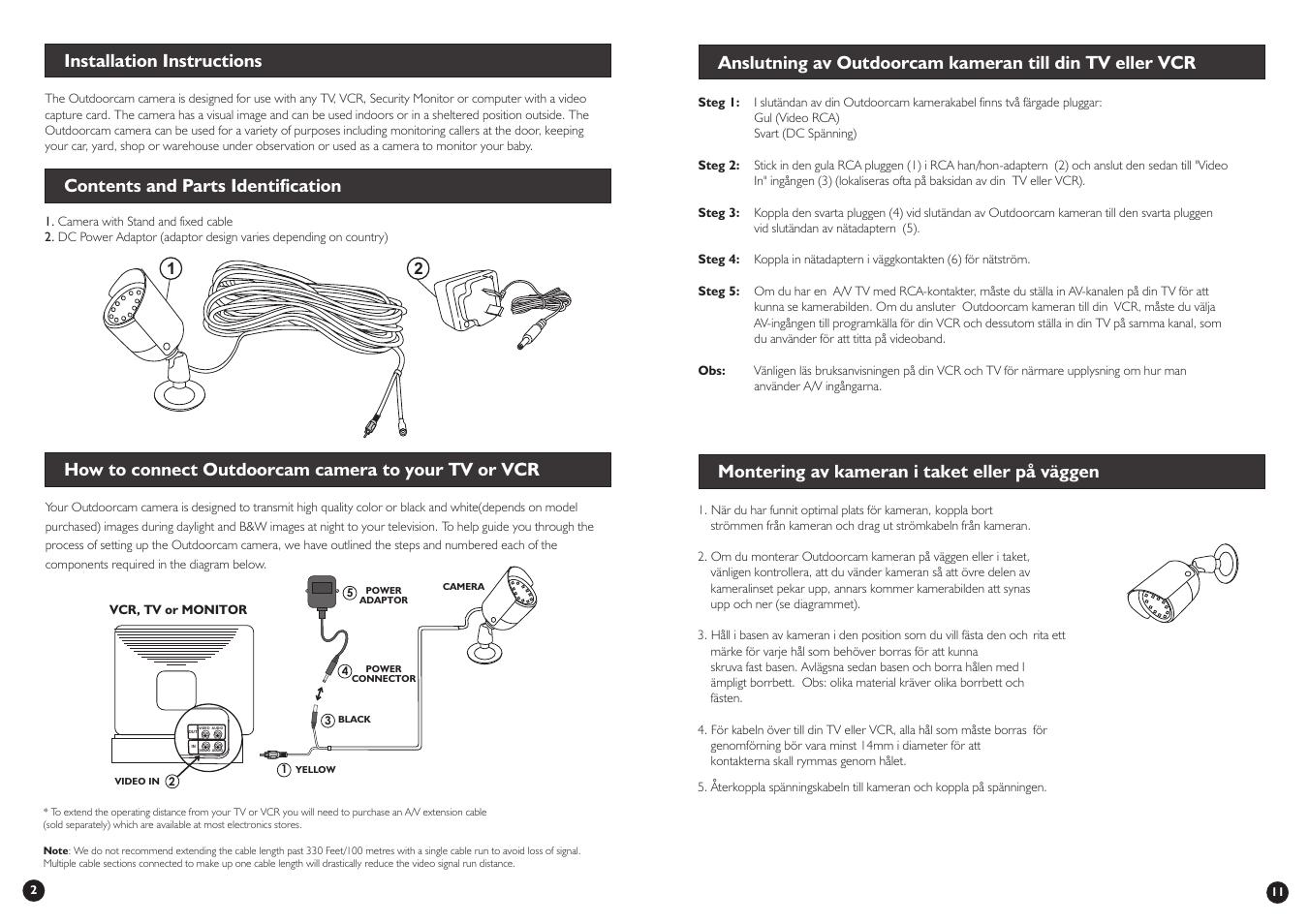 Montering av kameran i taket eller på väggen | Swann OutdoorCam SW244-AUO User Manual | Page 2 / 16