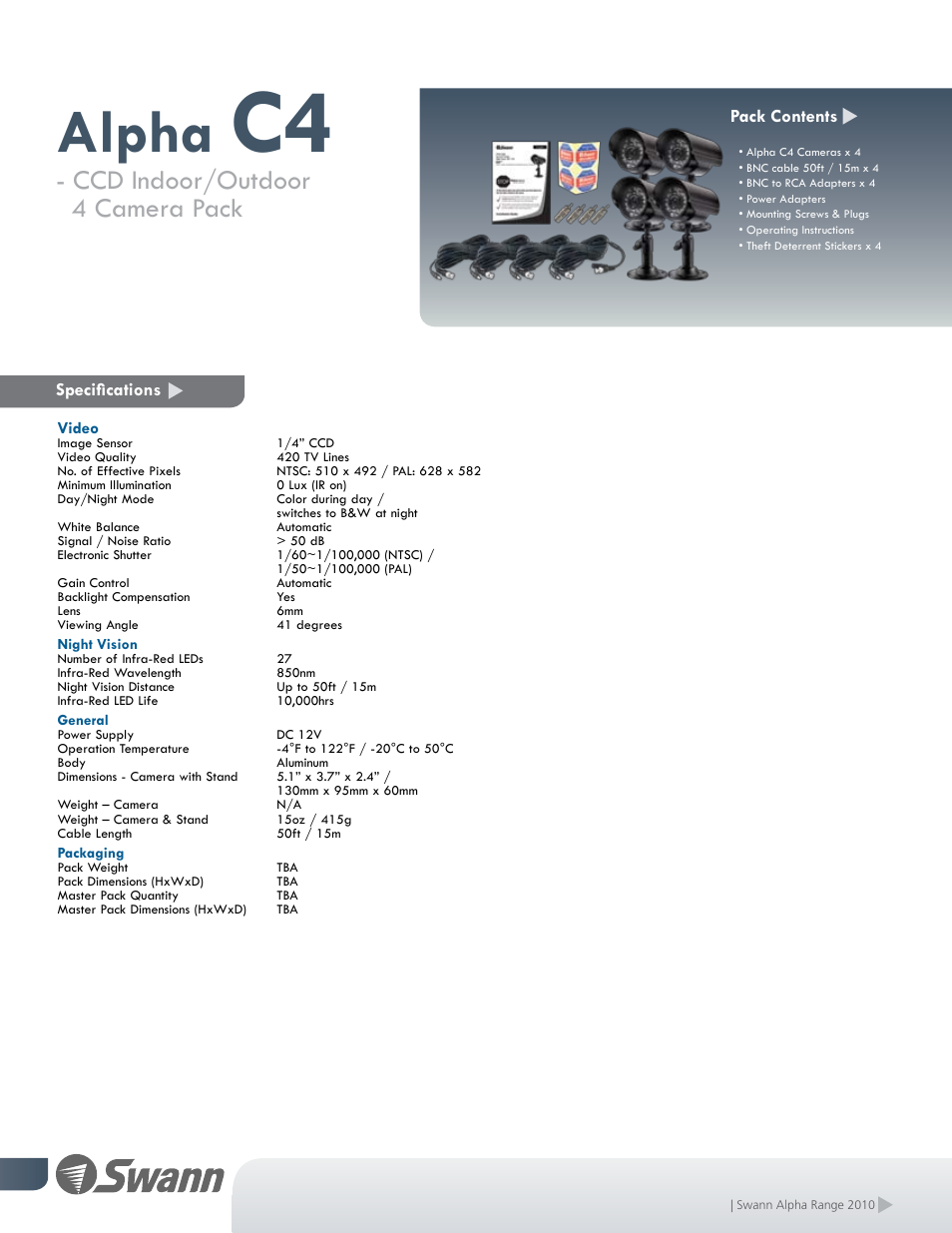 Alpha, Ccd indoor/outdoor 4 camera pack, Specifications | Swann SWA31-C4 User Manual | Page 2 / 2