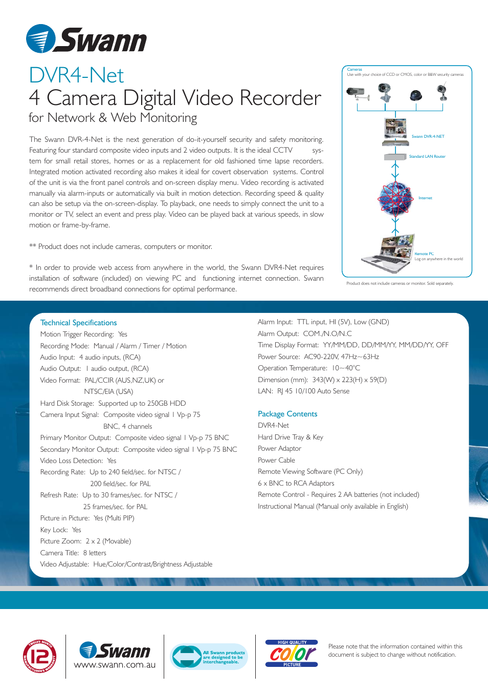 Dvr4-net 4 camera digital video recorder, For network & web monitoring | Swann DIGITAL GUARDIAN DVR4-NET User Manual | Page 2 / 2