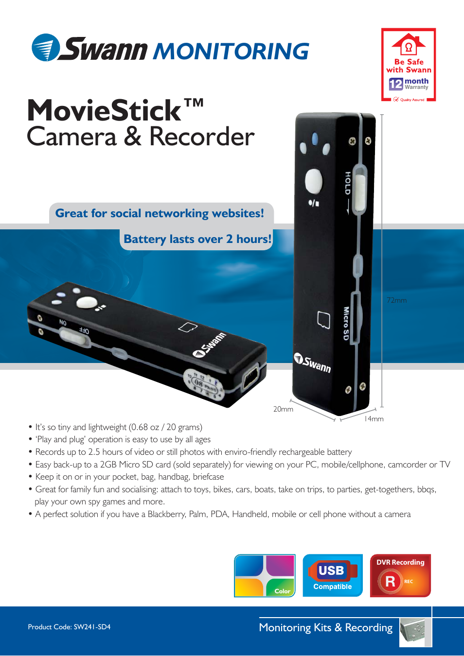 Swann MovieStick SW241-SD4 User Manual | 2 pages
