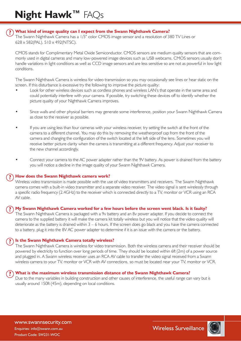 Night hawk, Faqs, Wireless surveillance | Swann SW231-WOC User Manual | Page 2 / 5