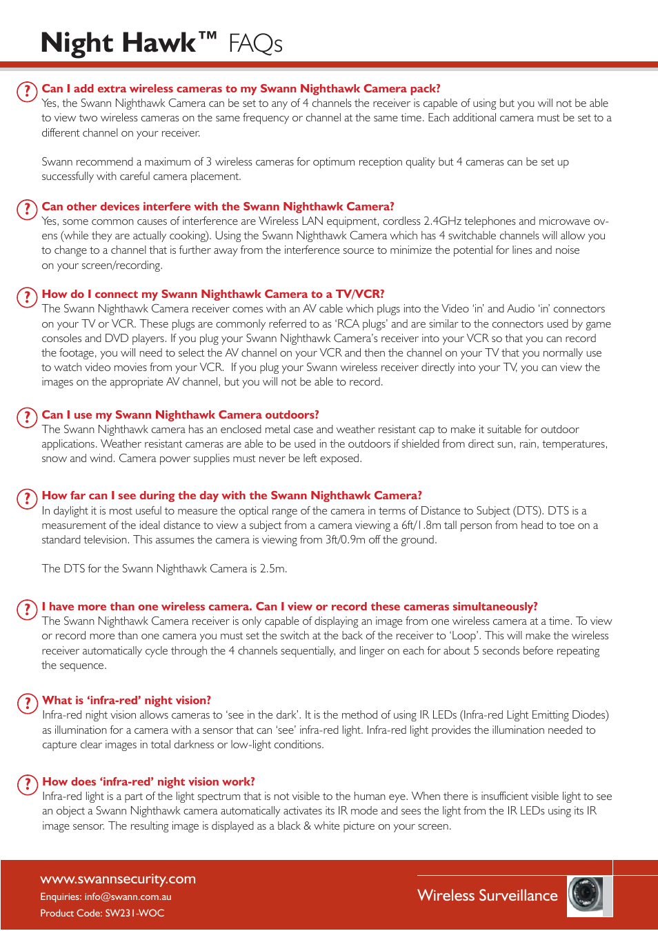 Night hawk, Faqs, Wireless surveillance | Swann SW231-WOC User Manual | Page 3 / 5