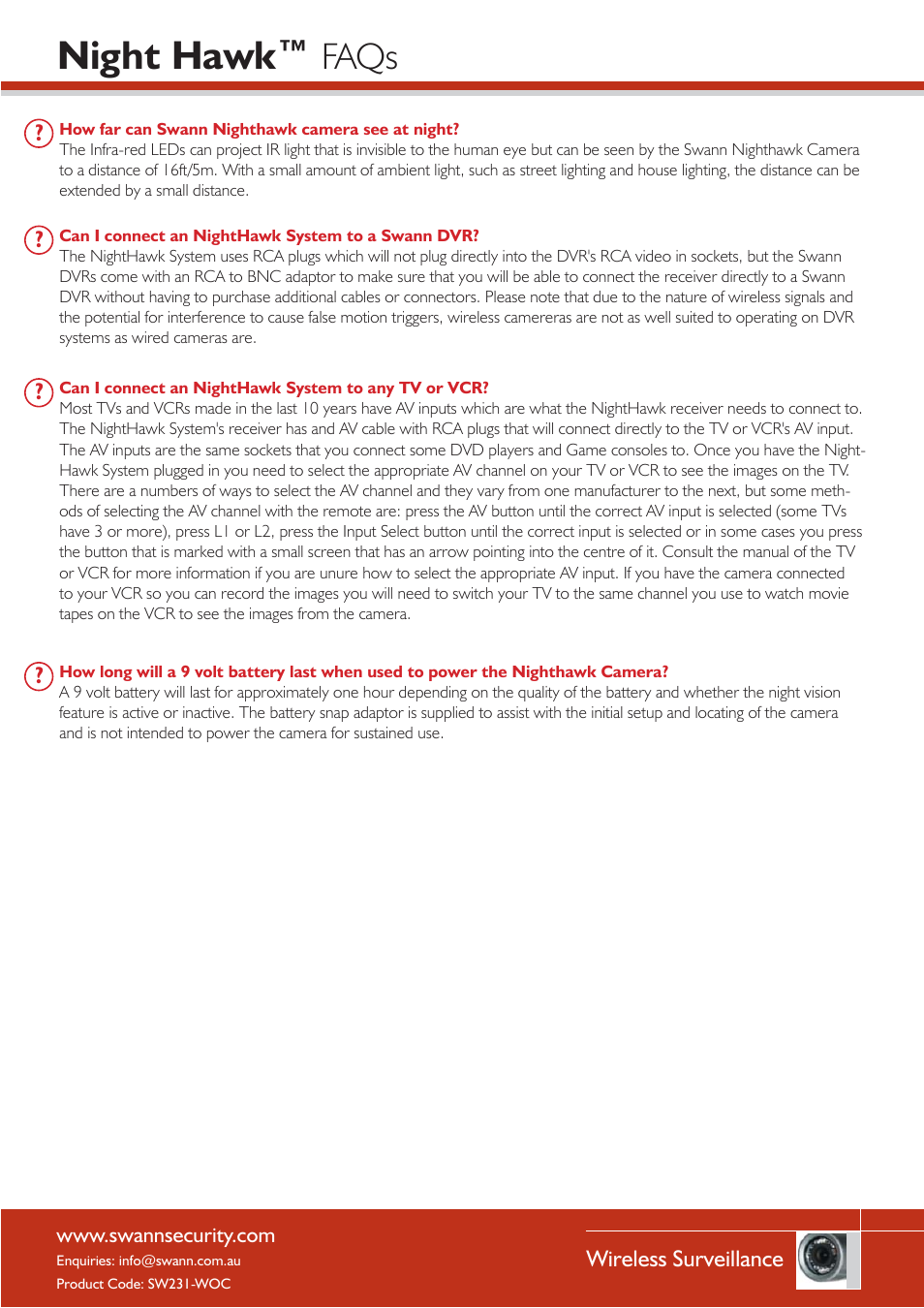 Night hawk, Faqs | Swann SW231-WOC User Manual | Page 4 / 5