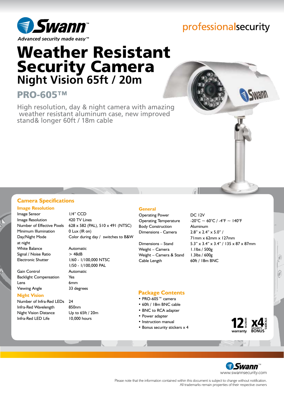 Weather resistant security camera, Night vision 65ft / 20m, Pro-605 | Swann PRO-605 User Manual | Page 2 / 2