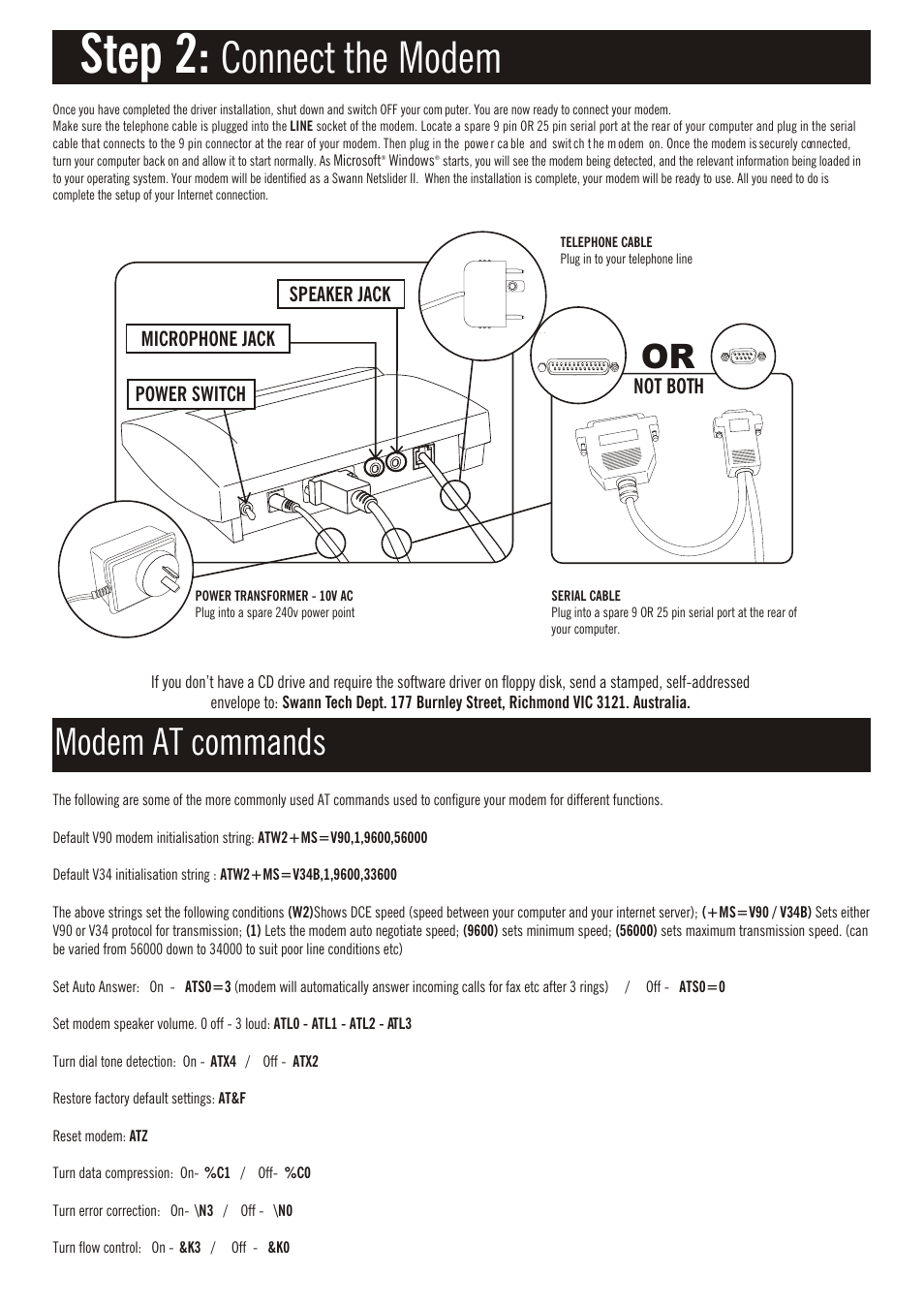Step 2, Connect the modem, Modem at commands | Swann NetSlider II User Manual | Page 2 / 3