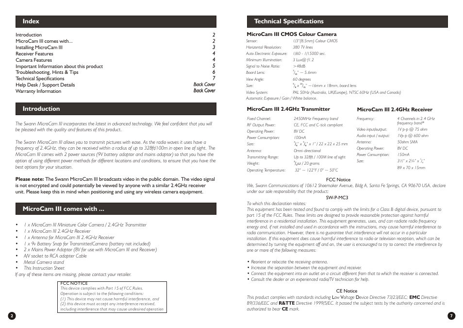 Index technical specifications, Introduction microcam iii comes with | Swann MicroCam II User Manual | Page 2 / 4