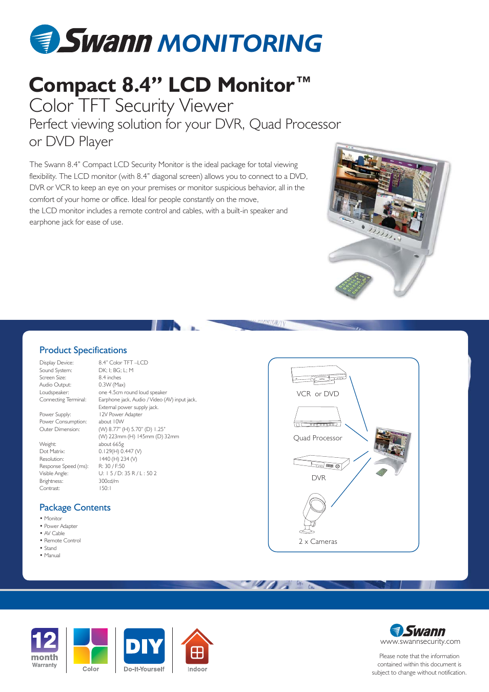 Monitoring, Compact 8.4” lcd monitor, Color tft security viewer | Product specifications, Package contents | Swann SW248-8LM User Manual | Page 2 / 2