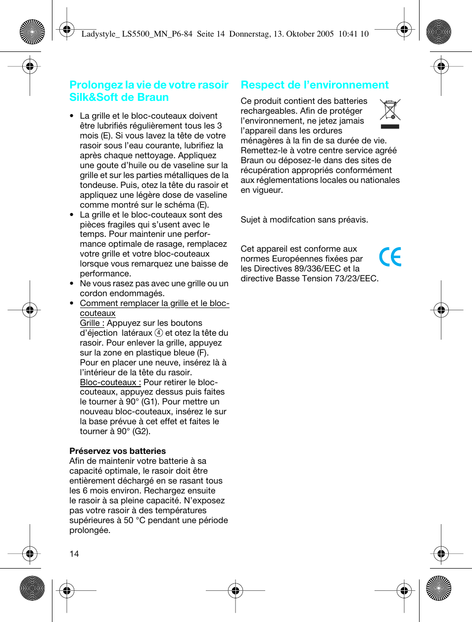 Respect de l’environnement | Braun LS 5500 User Manual | Page 14 / 82