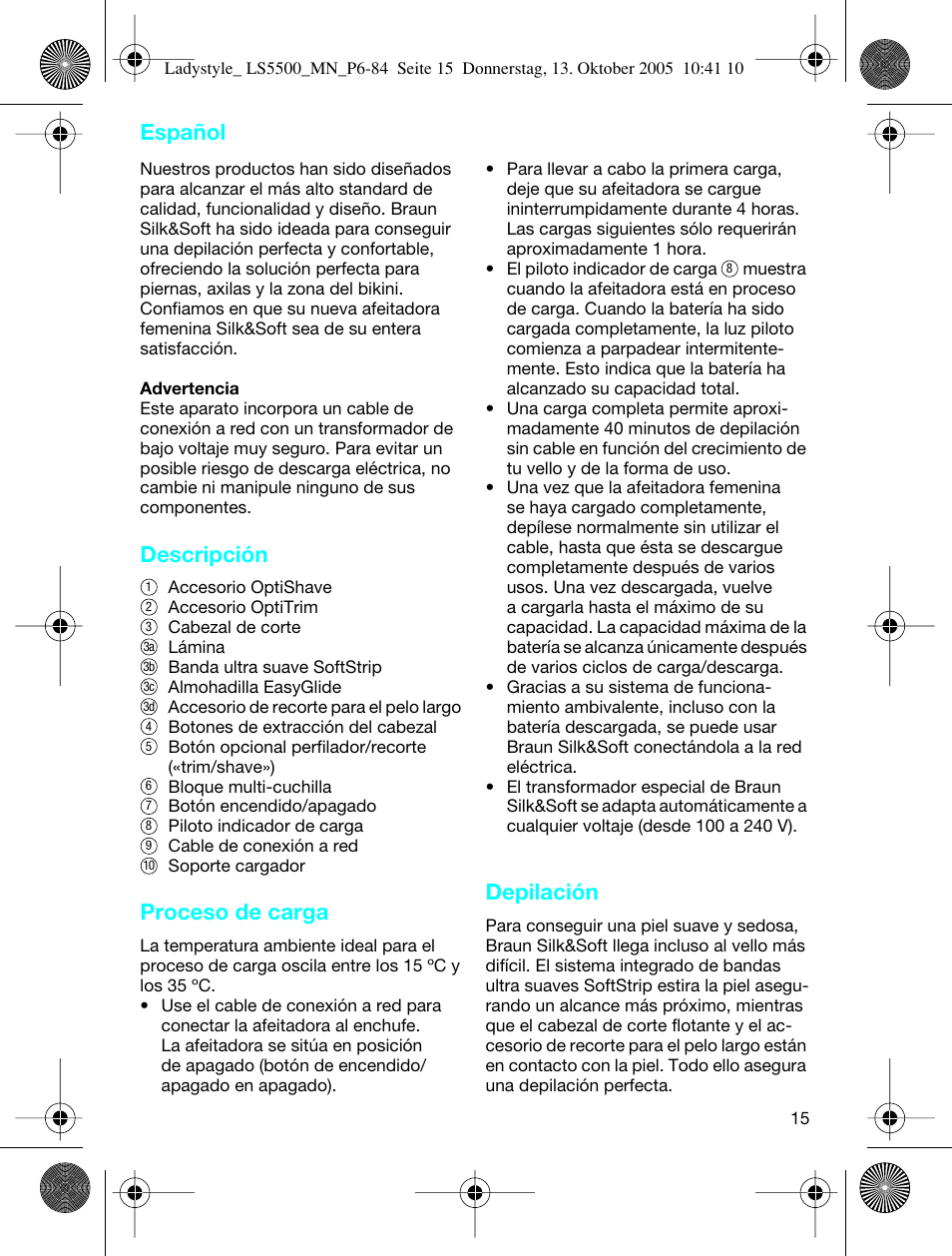 Descripción, Proceso de carga, Depilación | Español | Braun LS 5500 User Manual | Page 15 / 82