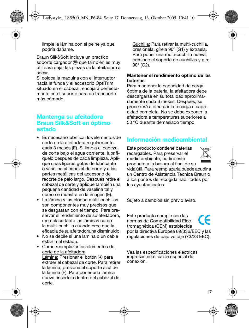 Información medioambiental | Braun LS 5500 User Manual | Page 17 / 82