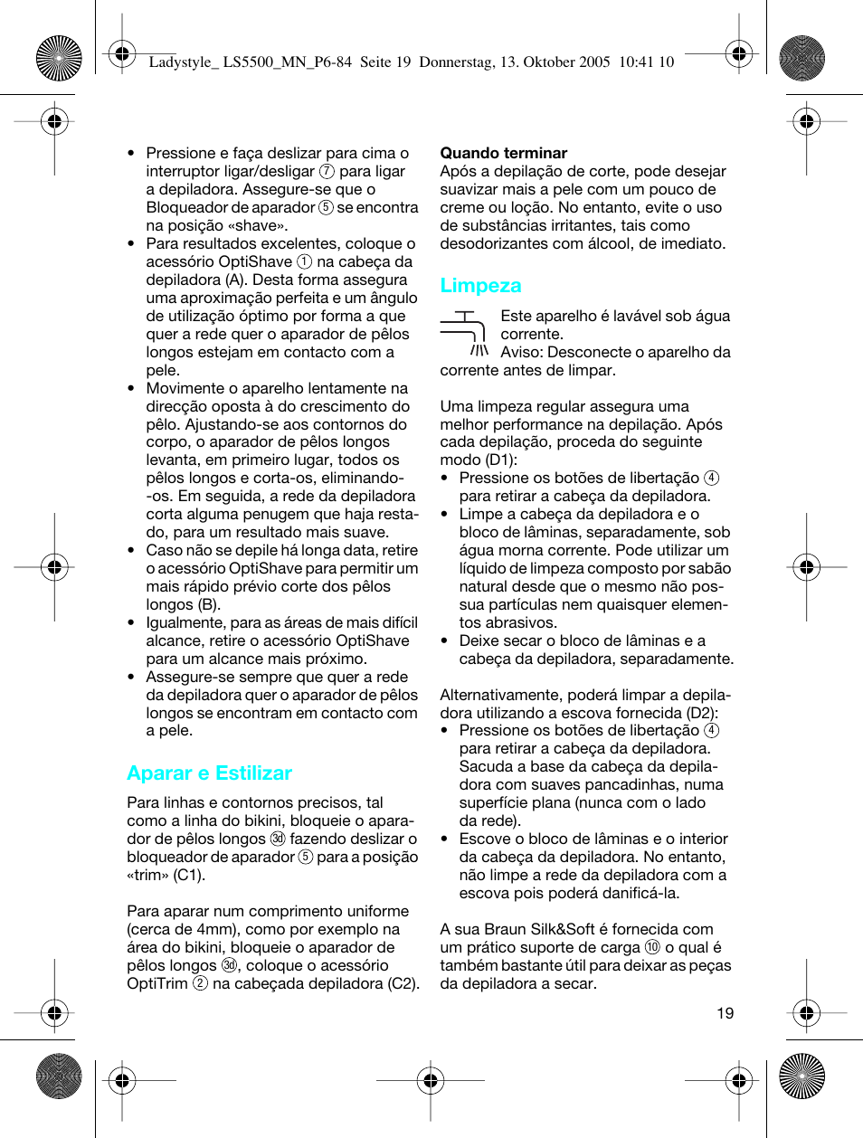 Aparar e estilizar, Limpeza | Braun LS 5500 User Manual | Page 19 / 82