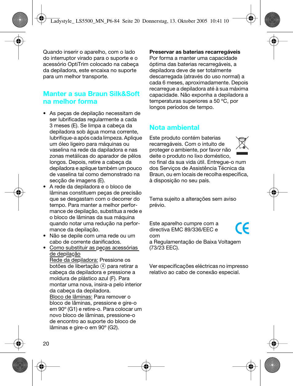 Manter a sua braun silk&soft na melhor forma, Nota ambiental | Braun LS 5500 User Manual | Page 20 / 82