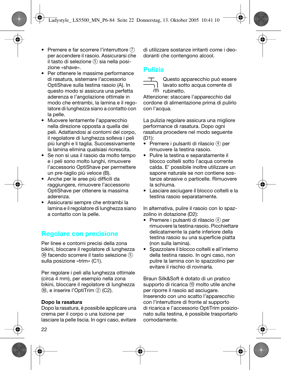 Regolare con precisione, Pulizia | Braun LS 5500 User Manual | Page 22 / 82