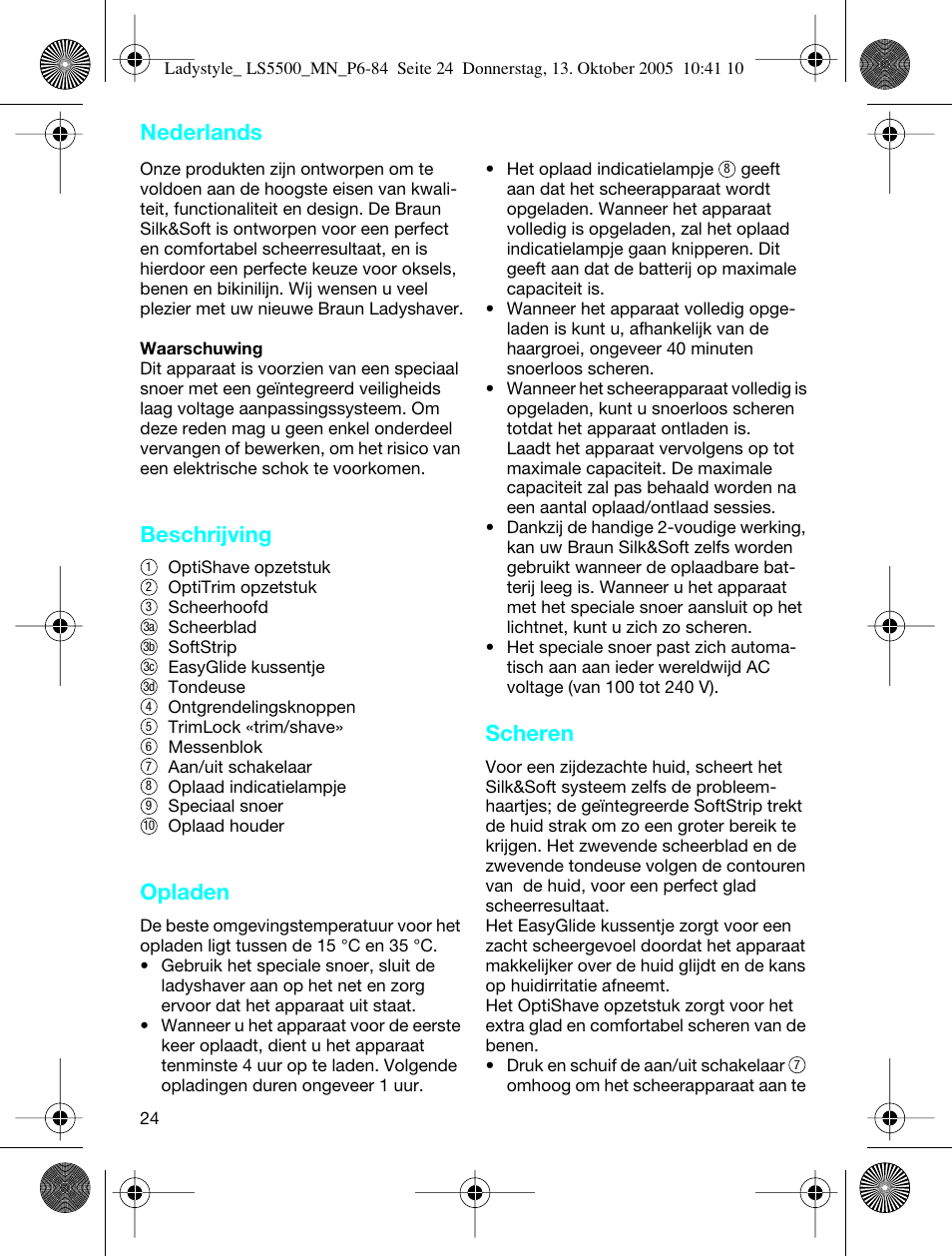 Beschrijving, Opladen, Scheren | Nederlands | Braun LS 5500 User Manual | Page 24 / 82