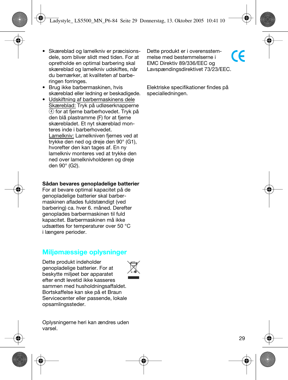 Miljømæssige oplysninger | Braun LS 5500 User Manual | Page 29 / 82