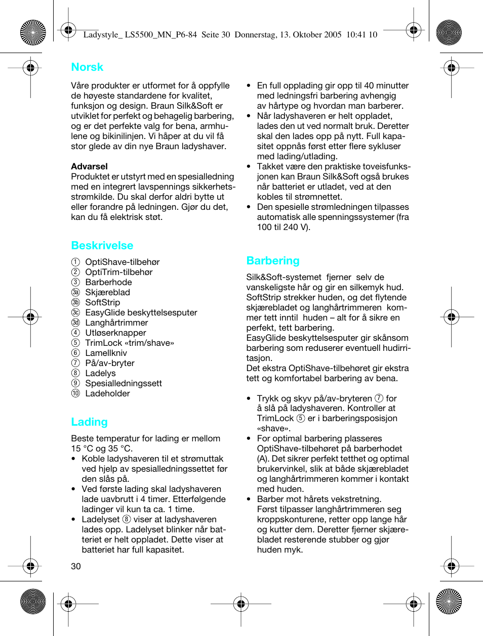Beskrivelse, Lading, Barbering | Norsk | Braun LS 5500 User Manual | Page 30 / 82
