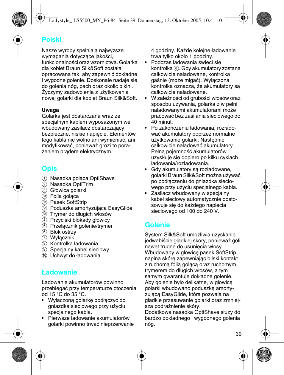 Polski, Opis, Adowanie | Golenie | Braun LS 5500 User Manual | Page 39 / 82