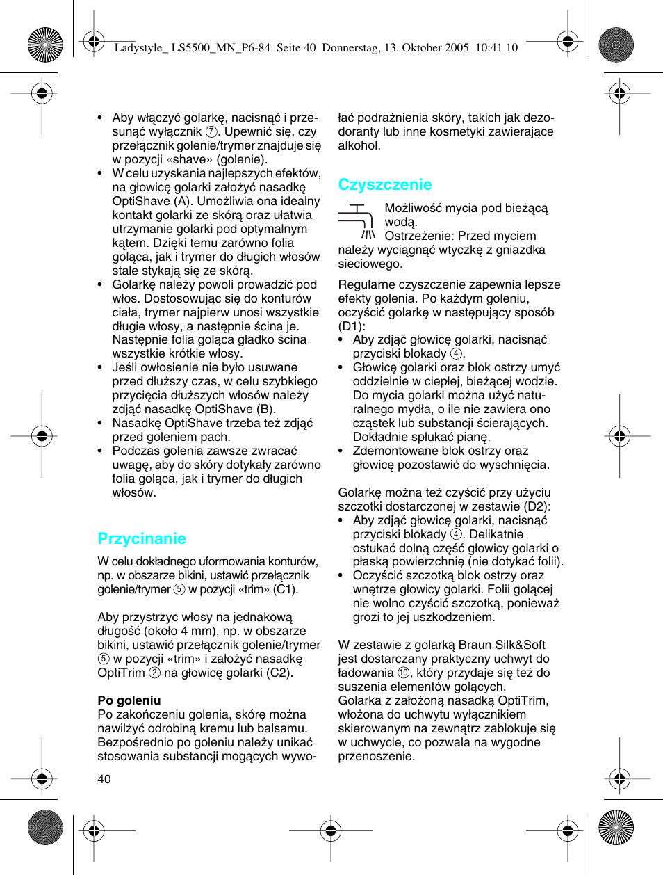 Przycinanie, Czyszczenie | Braun LS 5500 User Manual | Page 40 / 82
