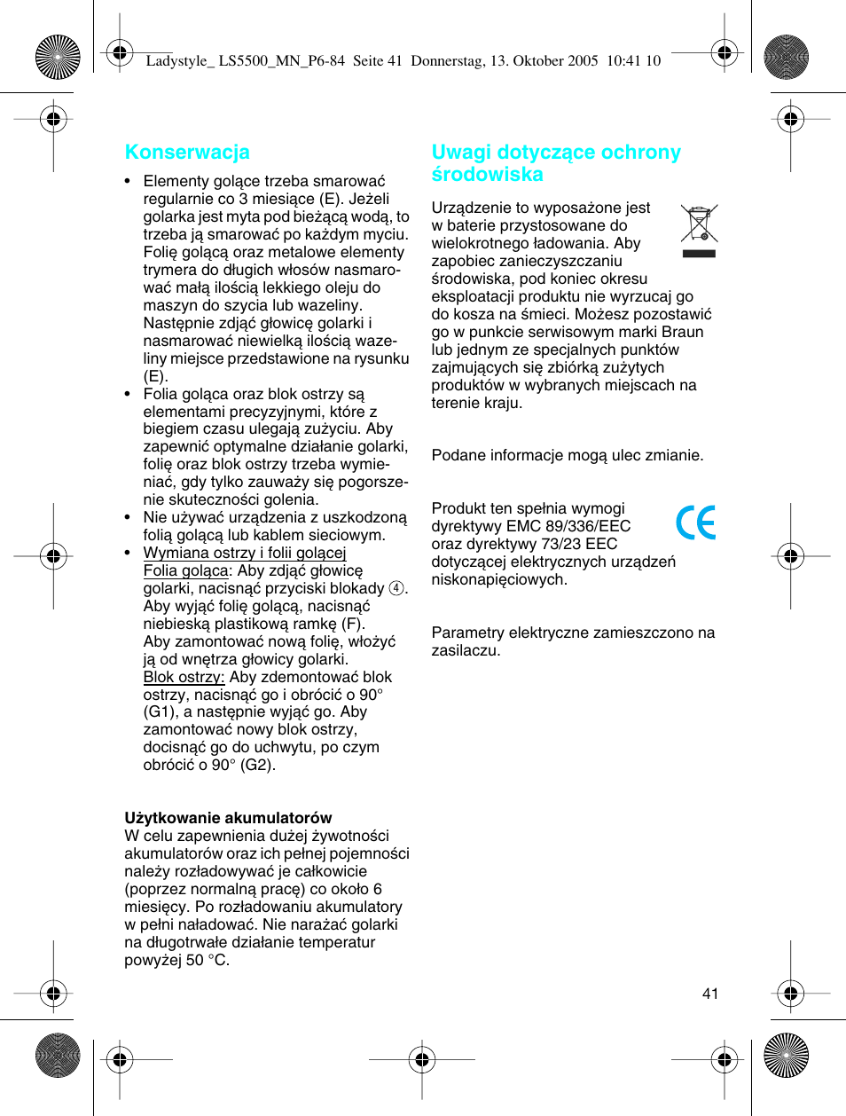 Konserwacja, Uwagi dotyczàce ochrony êrodowiska | Braun LS 5500 User Manual | Page 41 / 82