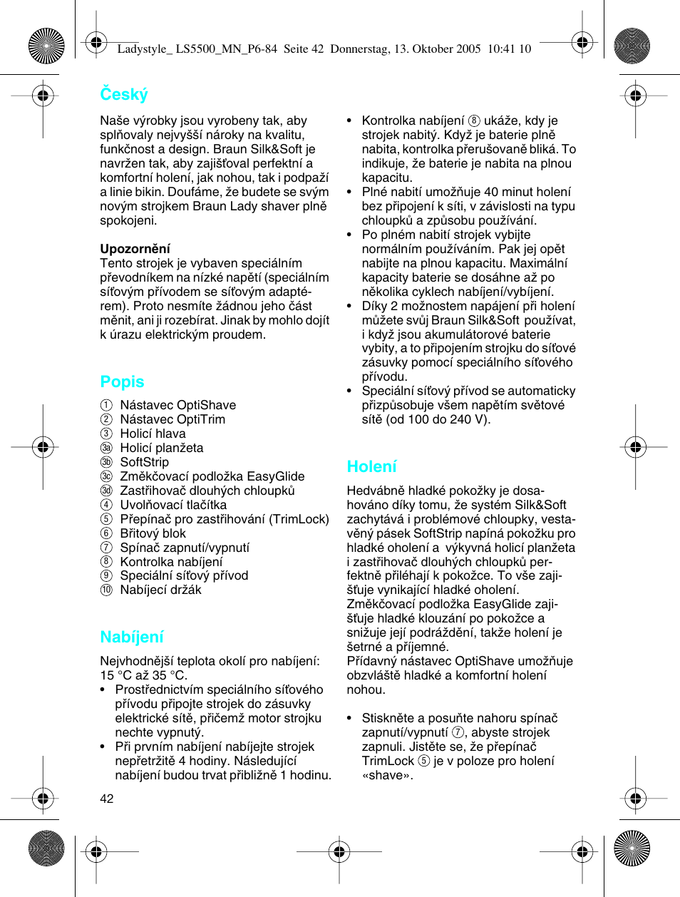 Popis, Nabíjení, Holení | Âesk | Braun LS 5500 User Manual | Page 42 / 82