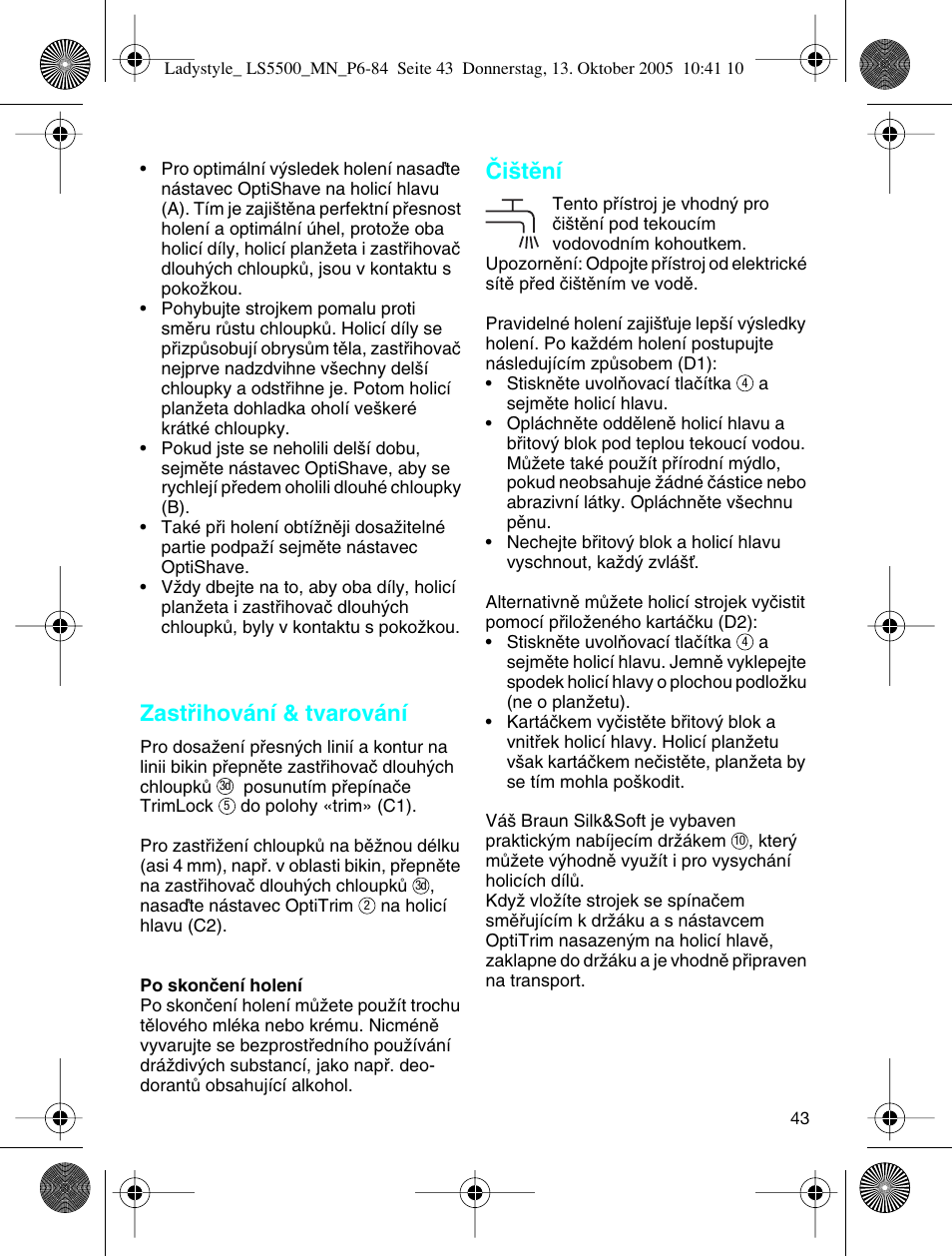 Zastﬁihování & tvarování, Âi‰tûní | Braun LS 5500 User Manual | Page 43 / 82