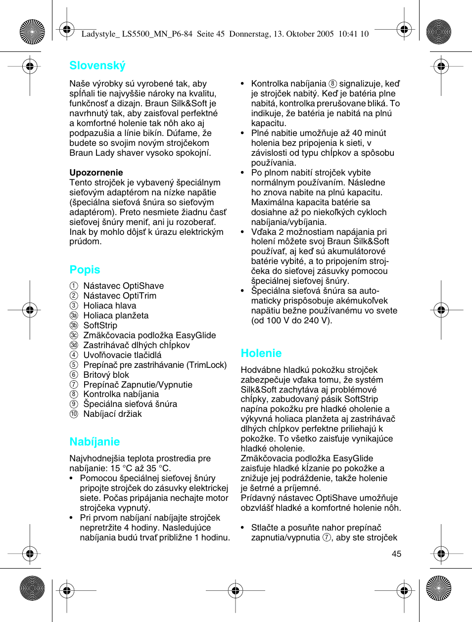Slovensk, Popis, Nabíjanie | Holenie | Braun LS 5500 User Manual | Page 45 / 82