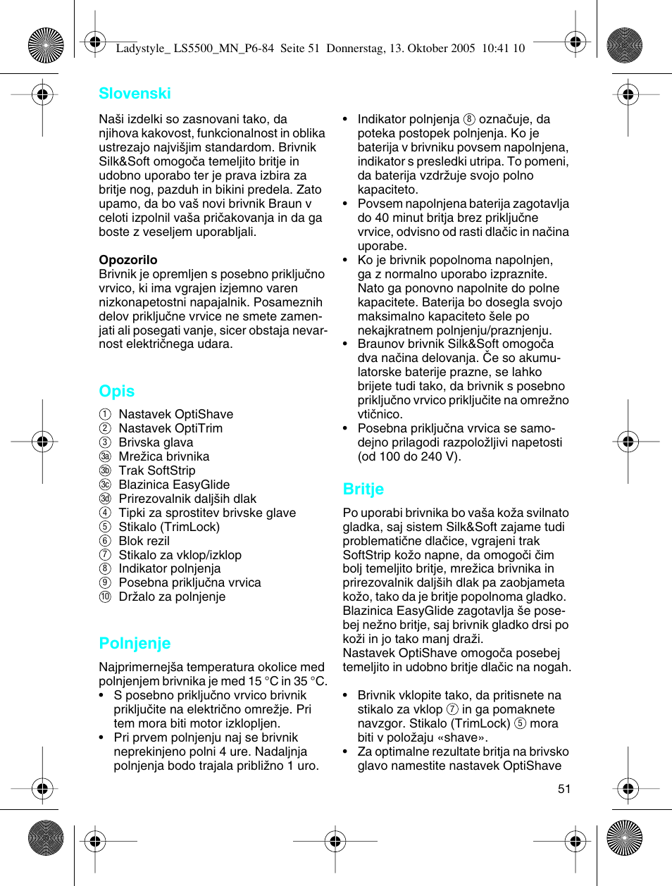Opis, Polnjenje, Britje | Slovenski | Braun LS 5500 User Manual | Page 51 / 82