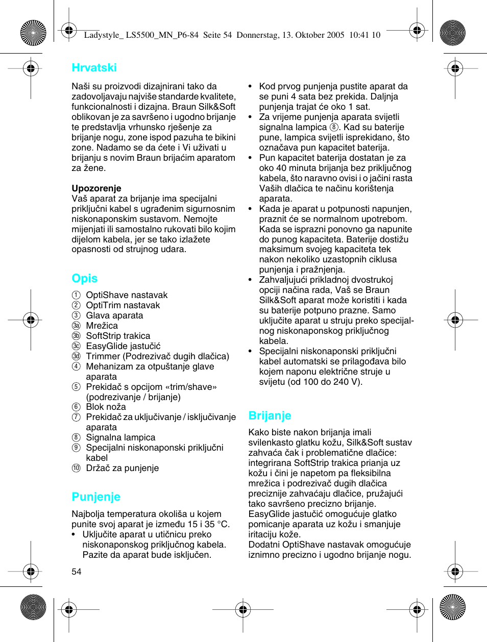 Hrvatski, Opis, Punjenje | Brijanje | Braun LS 5500 User Manual | Page 54 / 82