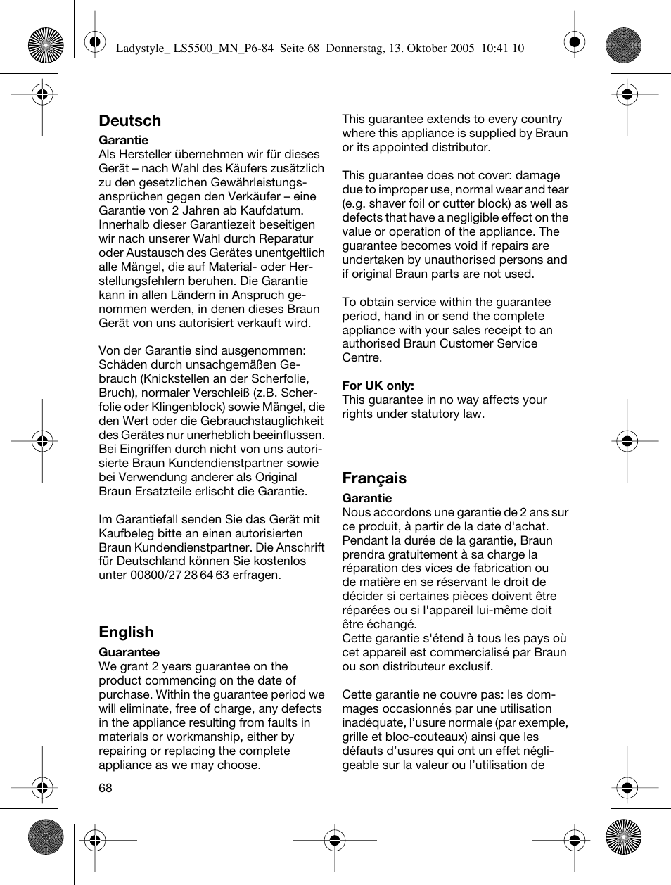 Deutsch, English, Français | Braun LS 5500 User Manual | Page 68 / 82