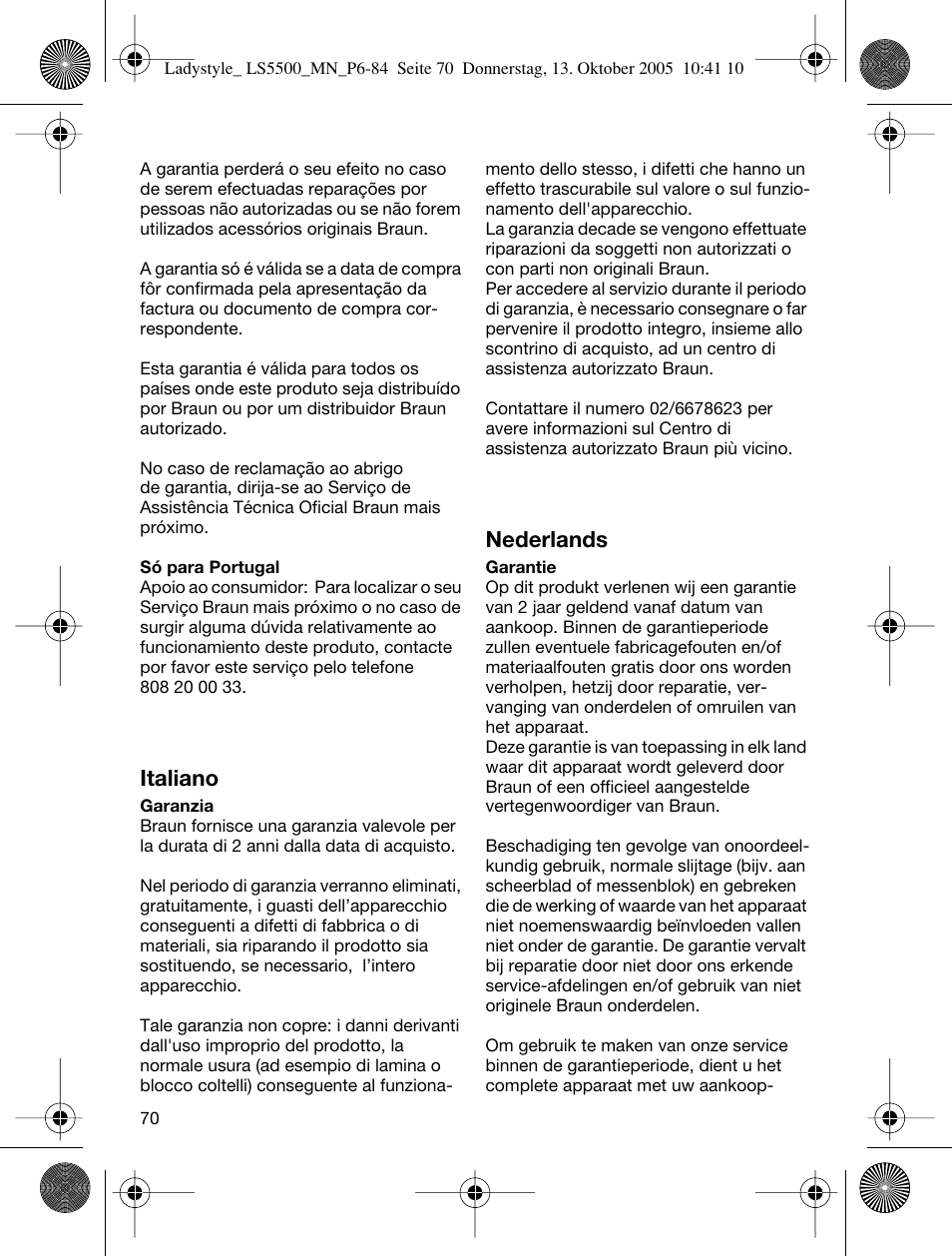 Italiano, Nederlands | Braun LS 5500 User Manual | Page 70 / 82