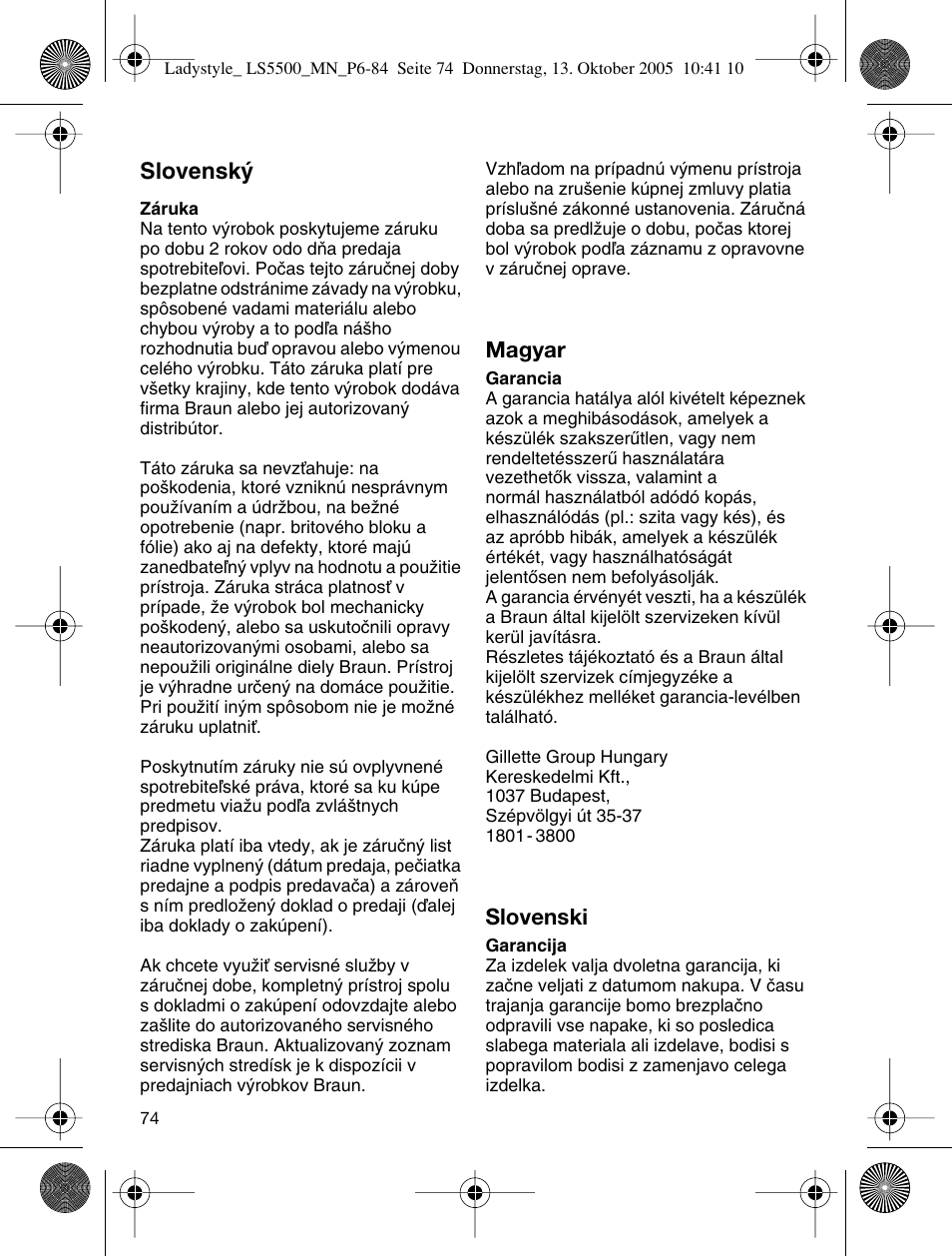 Slovensk, Magyar, Slovenski | Braun LS 5500 User Manual | Page 74 / 82