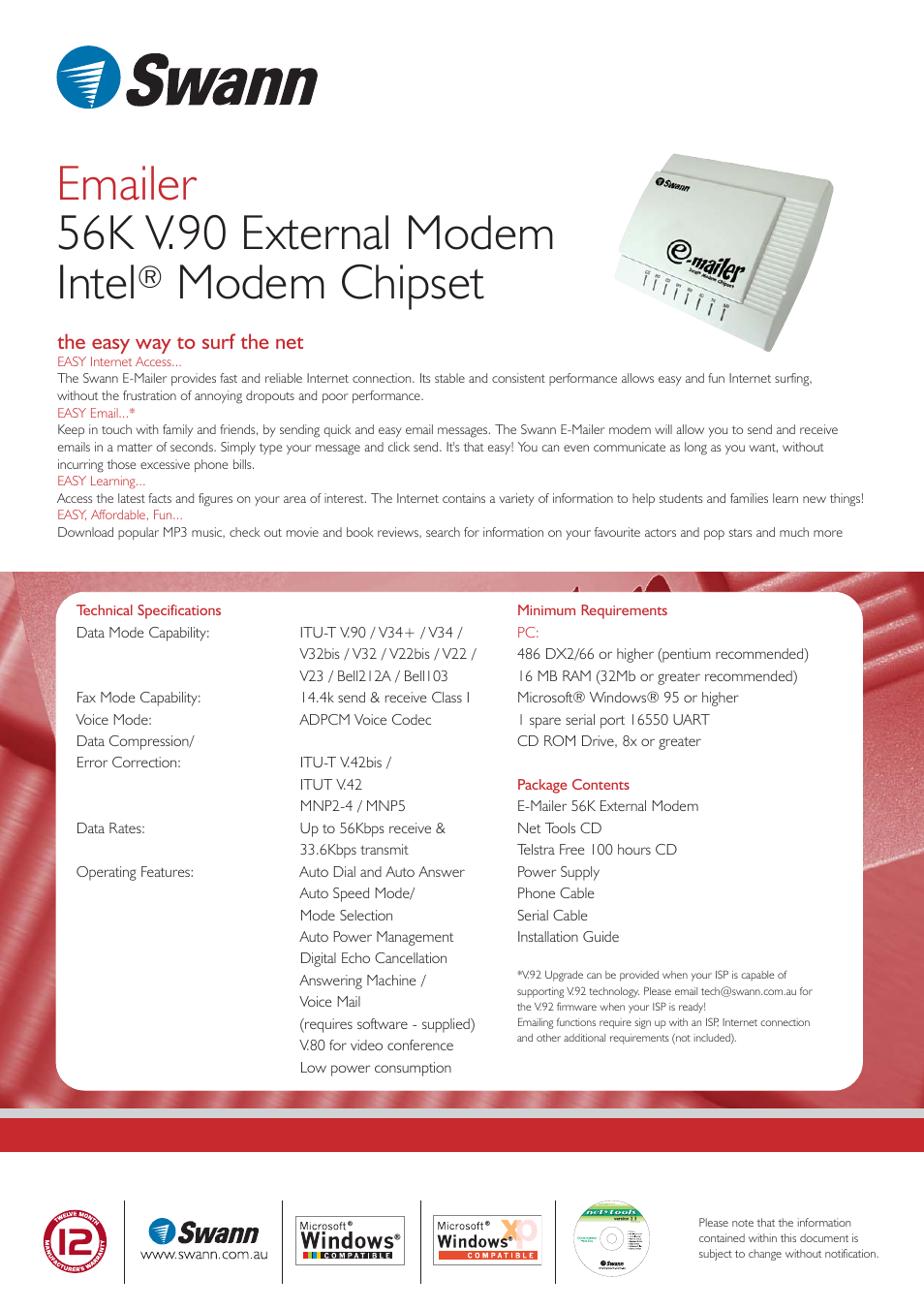 Emailer 56k v.90 external modem intel, Modem chipset | Swann 56K V.90 User Manual | Page 2 / 2