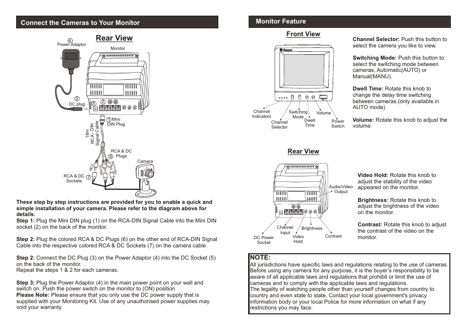 Rear view, Monitor feature, Connect the cameras to your monitor | Swann 4 CCTV Cameras Security Monitoring System User Manual | Page 4 / 4