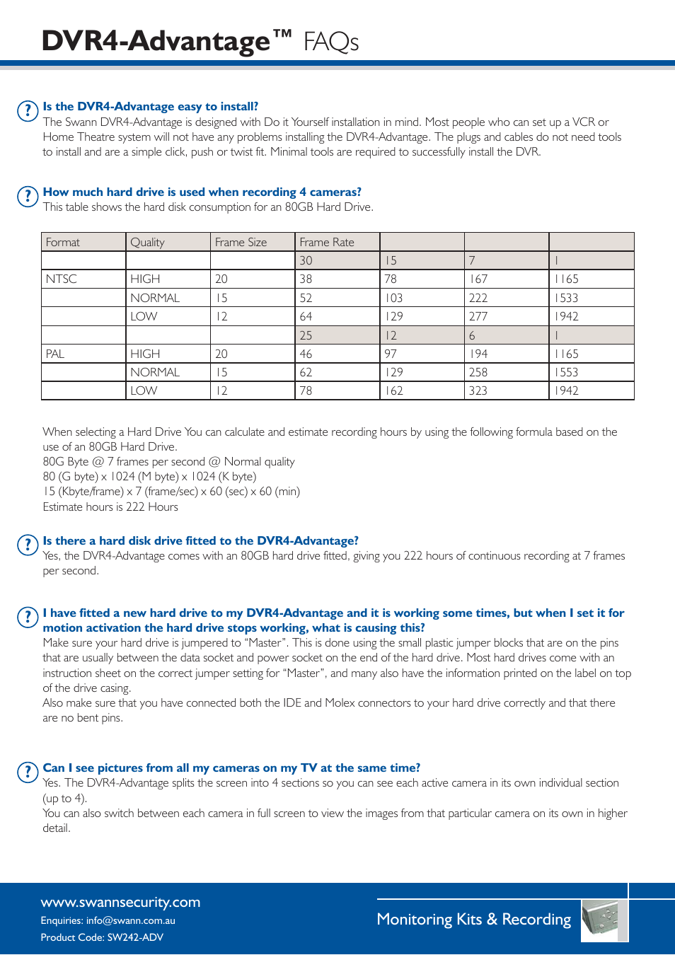 Dvr4-advantage, Faqs, Monitoring kits & recording | Swann SW242-ADV User Manual | Page 2 / 4