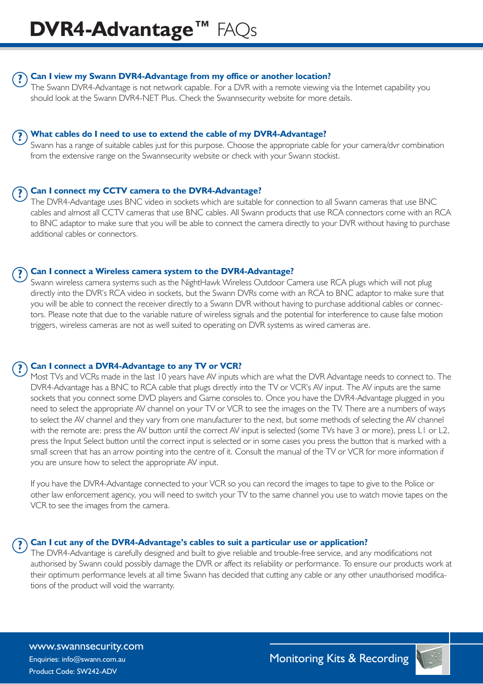 Dvr4-advantage, Faqs | Swann SW242-ADV User Manual | Page 3 / 4