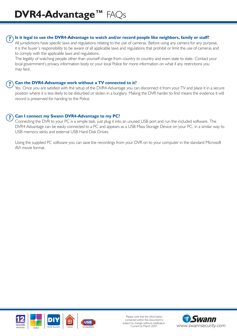 Dvr4-advantage, Faqs | Swann SW242-ADV User Manual | Page 4 / 4