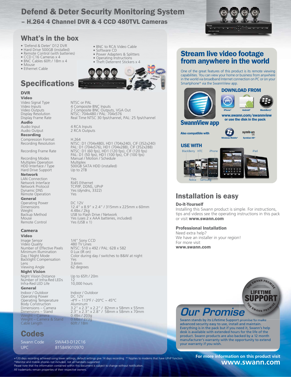 2xu3urplvh, Defend & deter security monitoring system, Specifi cations | Codes, Installation is easy, What’s in the box, Swannview app, Download from, Use with | Swann DEFEND & DETER SWA43-D12C16 User Manual | Page 2 / 2