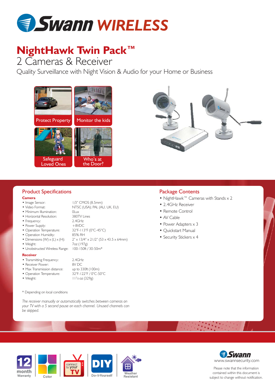 Wireless, Nighthawk twin pack™ 2 cameras & receiver, Product specifications | Package contents | Swann SW233-WX2 User Manual | Page 2 / 2