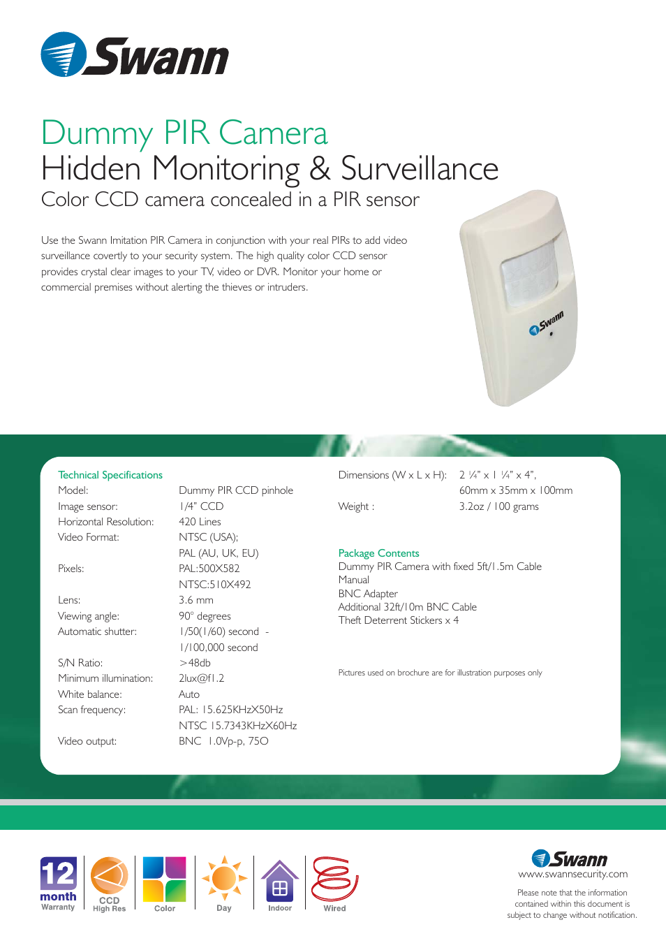 Dummy pir camera hidden monitoring & surveillance, Color ccd camera concealed in a pir sensor | Swann SW-C-DPCC User Manual | Page 2 / 2