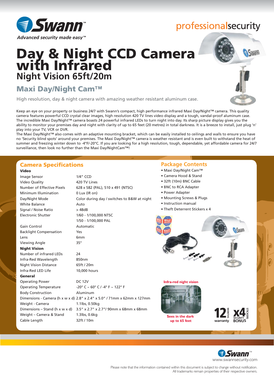 Day & night ccd camera with infrared, Night vision 65ft/20m, Maxi day/night cam | Package contents, Camera speciﬁ cations | Swann Maxi Day/Night Cam Day & Night CCD Camera User Manual | Page 2 / 2