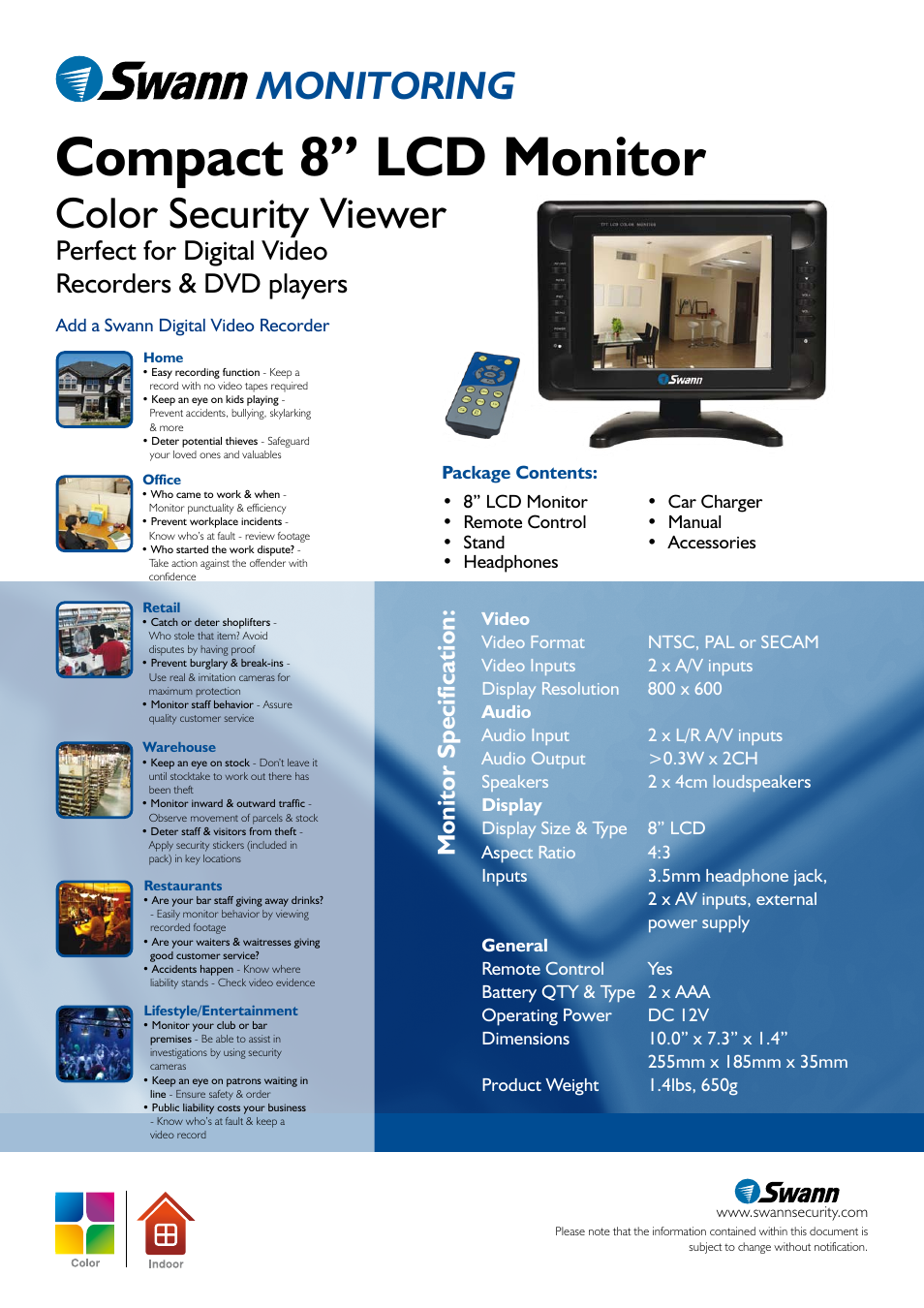 Compact 8” lcd monitor, Color security viewer, Monitoring | Perfect for digital video recorders & dvd players, Monitor specification | Swann SW248-LM8 User Manual | Page 2 / 2