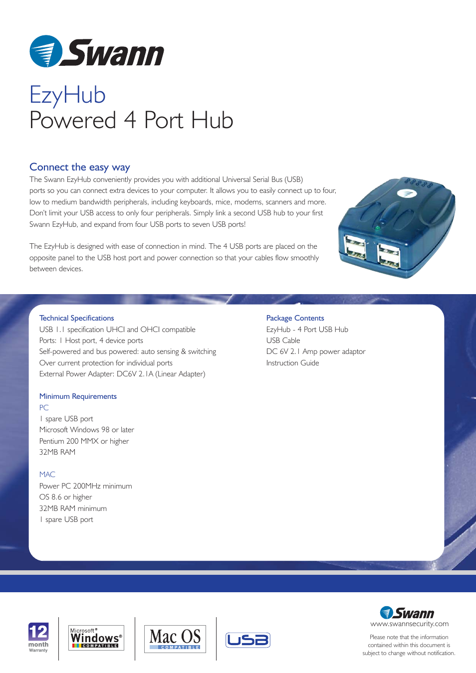 Ezyhub powered 4 port hub | Swann SW-U-EZH User Manual | Page 2 / 2
