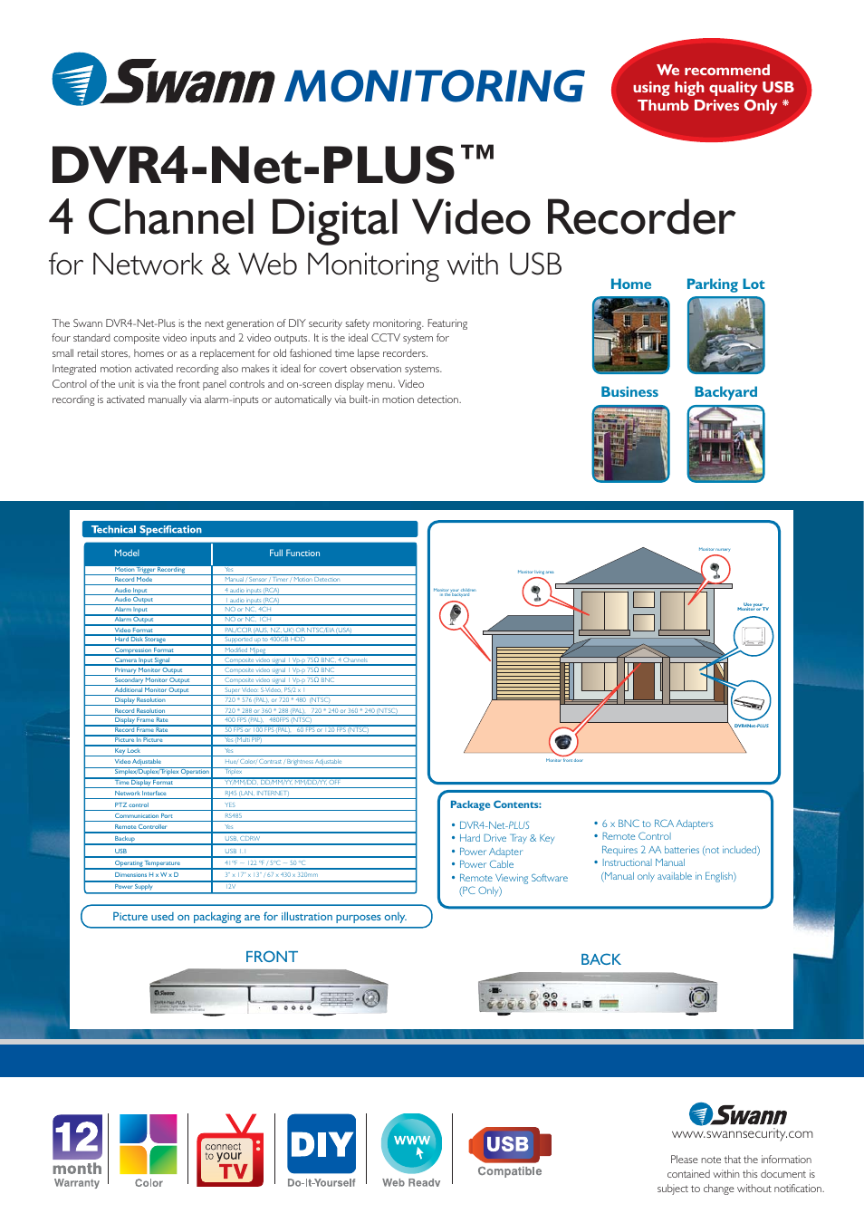 Dvr4-net-plus, 4 channel digital video recorder, Monitoring | For network & web monitoring with usb, Front back, Home parking lot business backyard | Swann 4-NET-PLUS SW243-4NU User Manual | Page 2 / 2