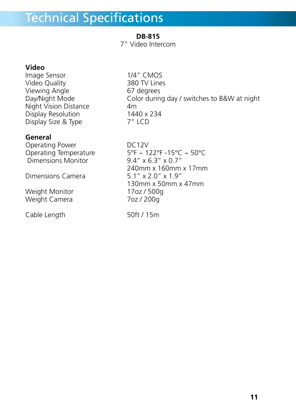 Technical specifications | Swann INTERCOM DB-815 User Manual | Page 11 / 12