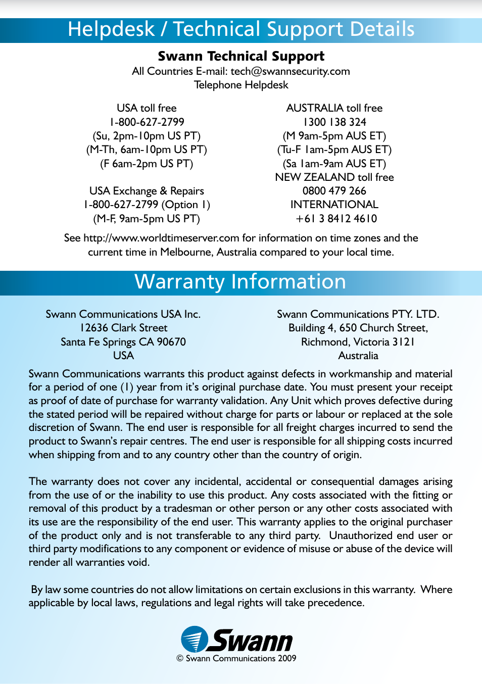 Swann technical support | Swann INTERCOM DB-815 User Manual | Page 12 / 12